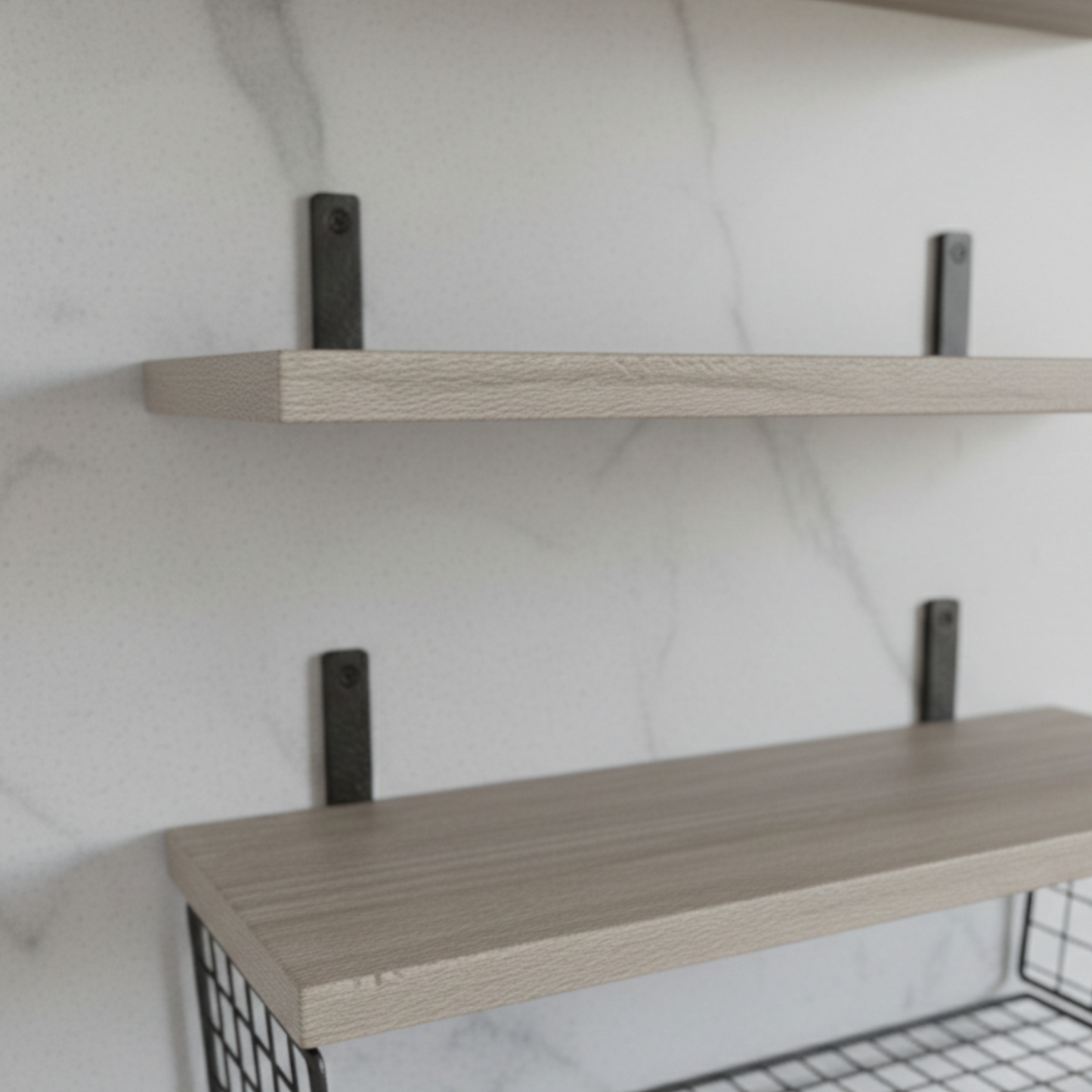 Solid Wood Floating Wall Shelves with Steel Mesh Basket — Set of 3