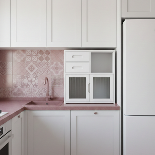 Painted Alder Wood Kitchen Storage Cabinet with Fluted Glass Inserts