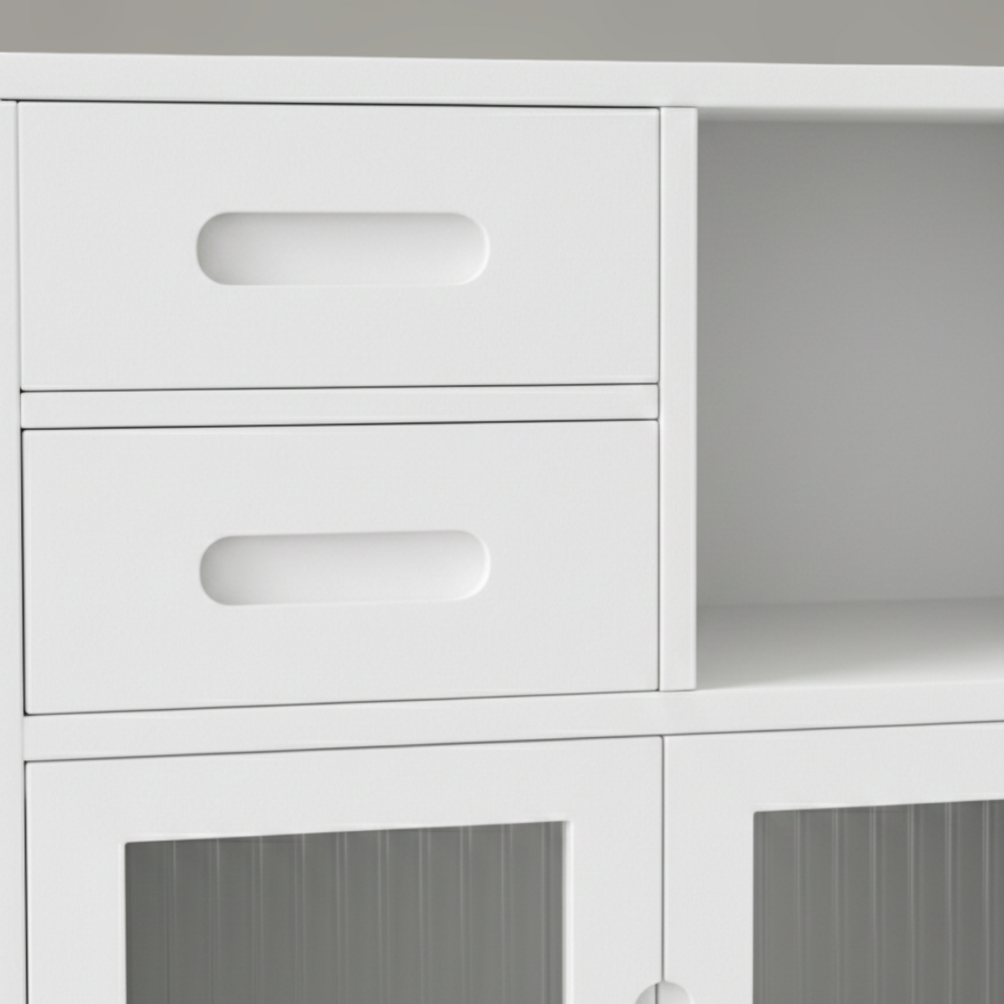 Painted Alder Wood Kitchen Storage Cabinet with Fluted Glass Inserts