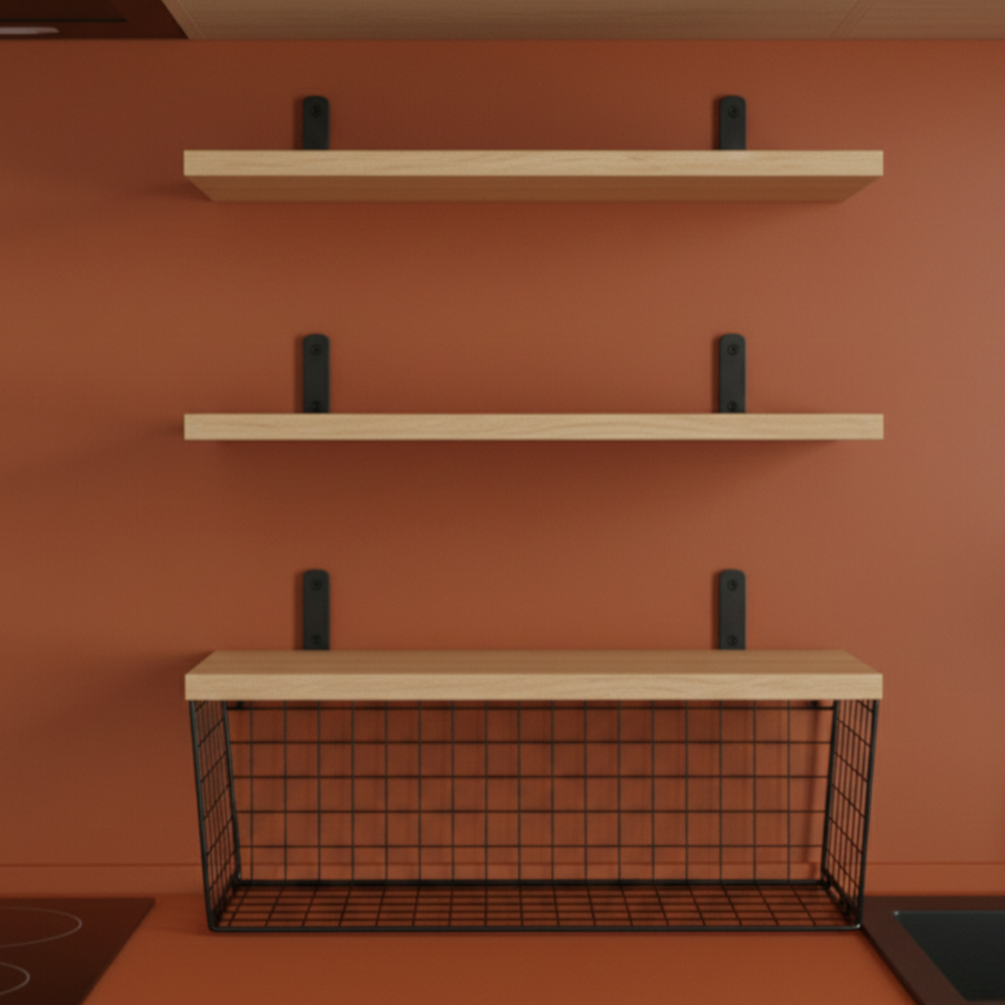 Solid Oak Floating Wall Shelves with Steel Mesh Basket — Set of 3