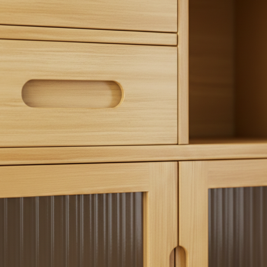 Golden Honey Oak Kitchen Storage Cabinet with Fluted Glass Inserts