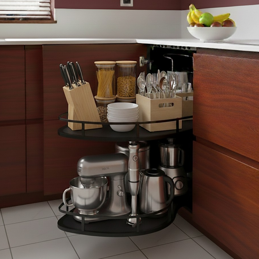 Magic Corner Pull-Out Shelving System — Grey S-Shaped Storage for Blind Corner Cabinets