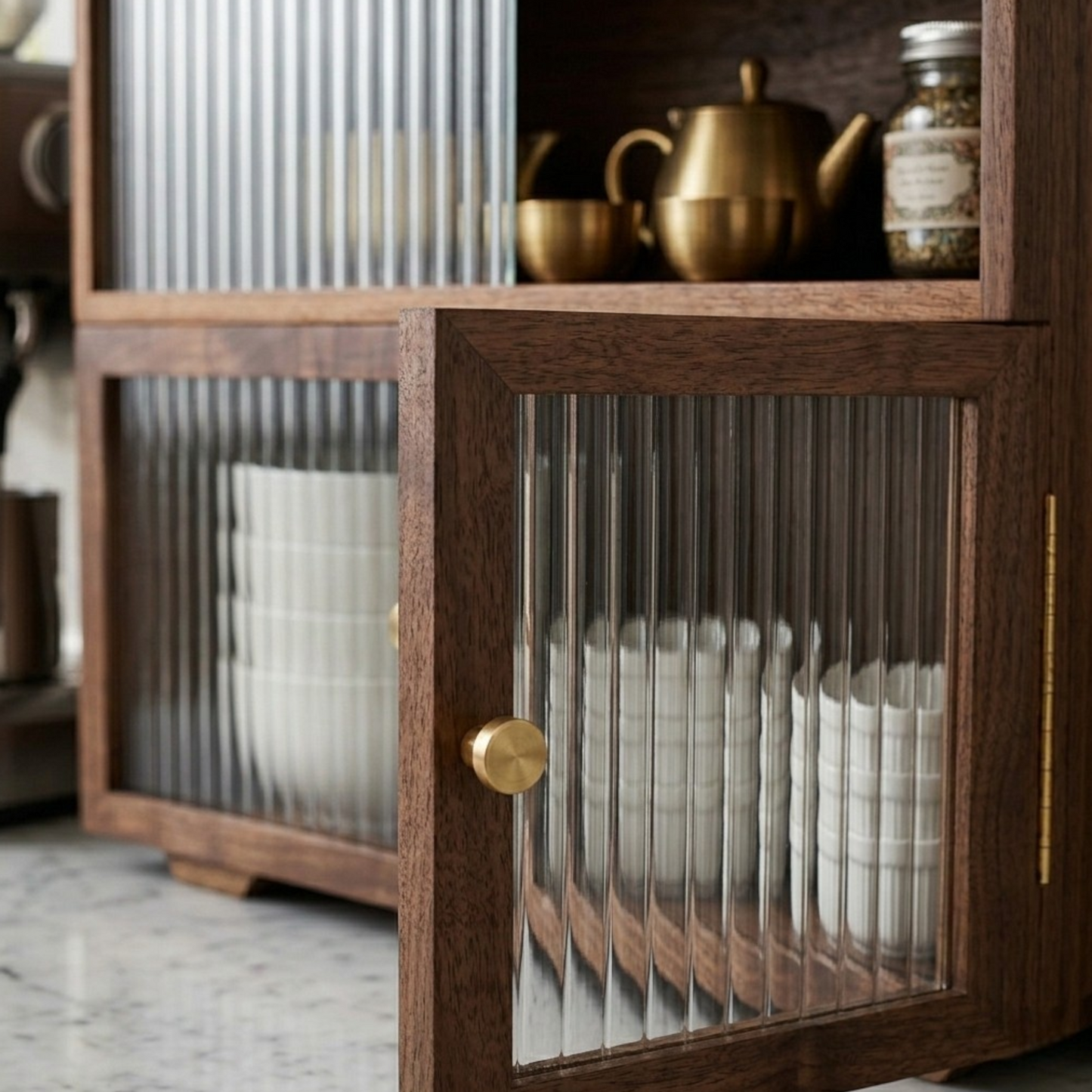 Solid Wood Coffee Station Cabinet with Fluted Glass Doors
