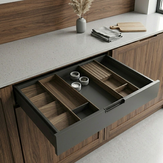 Modular Walnut Drawer Organization System with Matte Black Aluminum Accents — Full Set