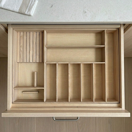 Solid Ash Kitchen Drawer Organizer — In-Drawer Cutlery Tray with Integrated Knife Block