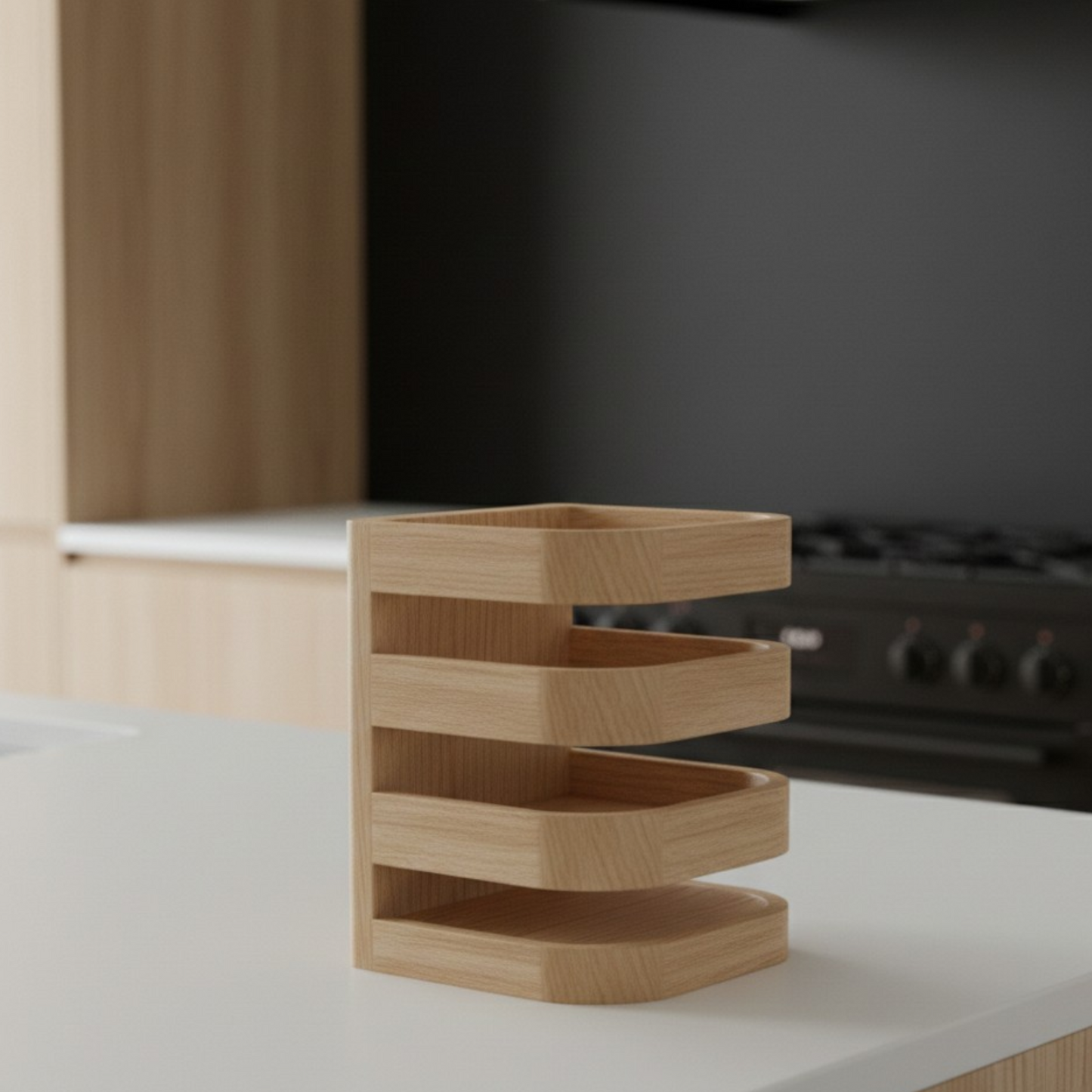Solid Light Oak Kitchen Utensil Holder — Modern Tiered Desktop Organizer