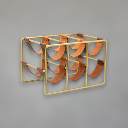 Leather & Brass Wine Rack — Handcrafted 6-Bottle Organizer