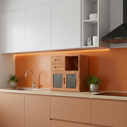 Premium Thermally Modified Ash Kitchen Cabinet with Fluted Glass Inserts