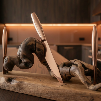 Sculptural Driftwood Knife Holder with Solid Wood Base