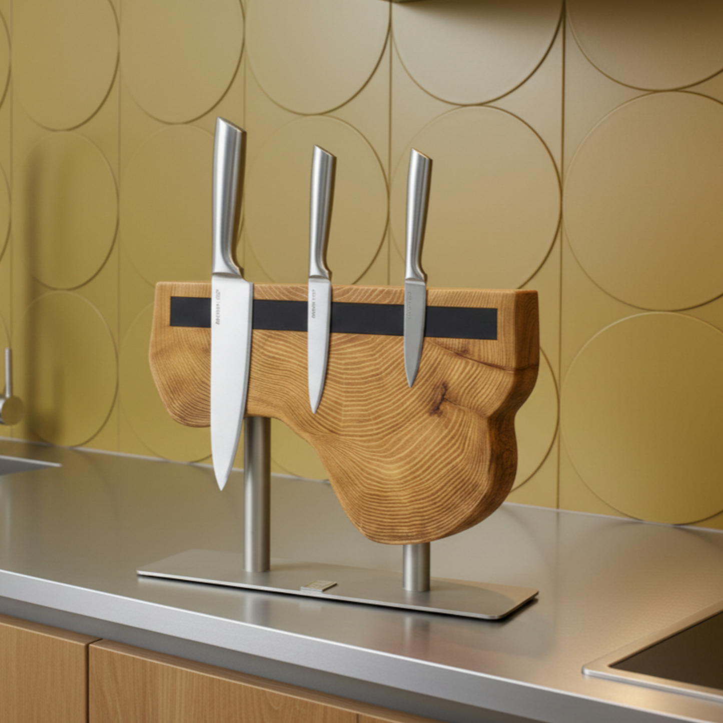 Magnetic Solid Wood Knife Stand — Heavy-Duty Stainless Steel Base Organizer