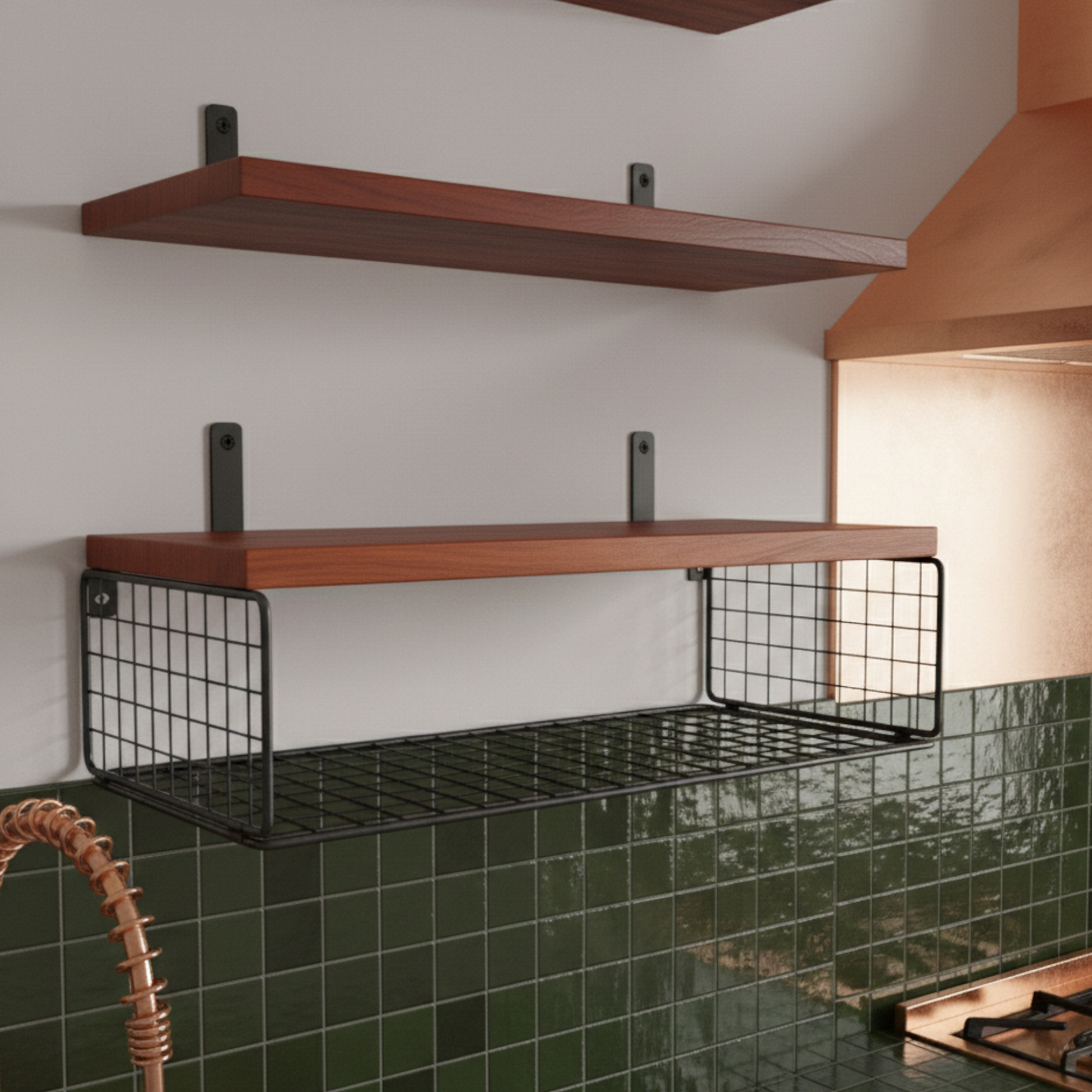 Solid Oak Floating Wall Shelves with Steel Mesh Basket — Set of 3