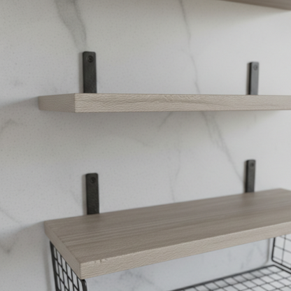 Solid Wood Floating Wall Shelves with Steel Mesh Basket — Set of 3