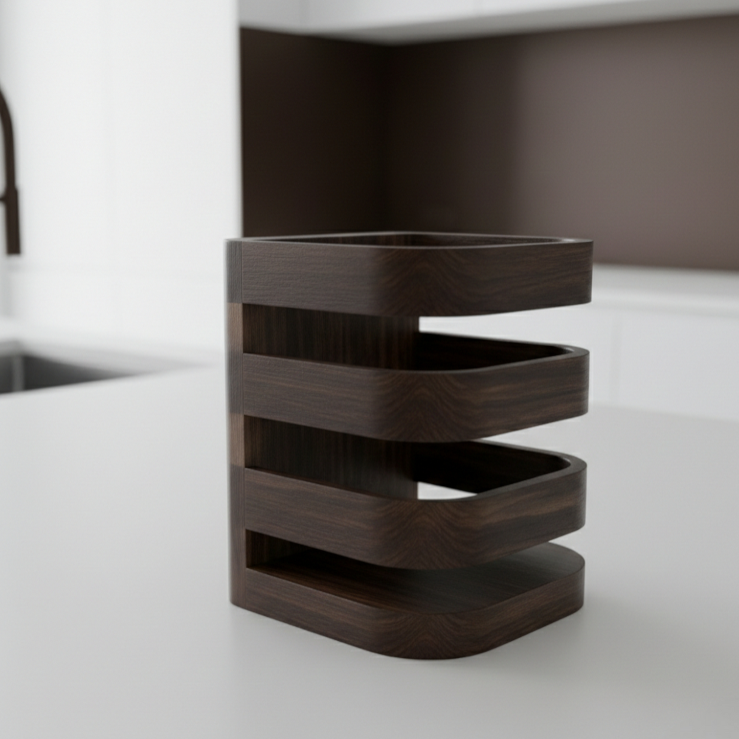 Solid Black Walnut Kitchen Utensil Holder — Modern Tiered Desktop Organizer