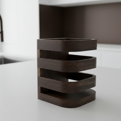 Solid Black Walnut Kitchen Utensil Holder — Modern Tiered Desktop Organizer