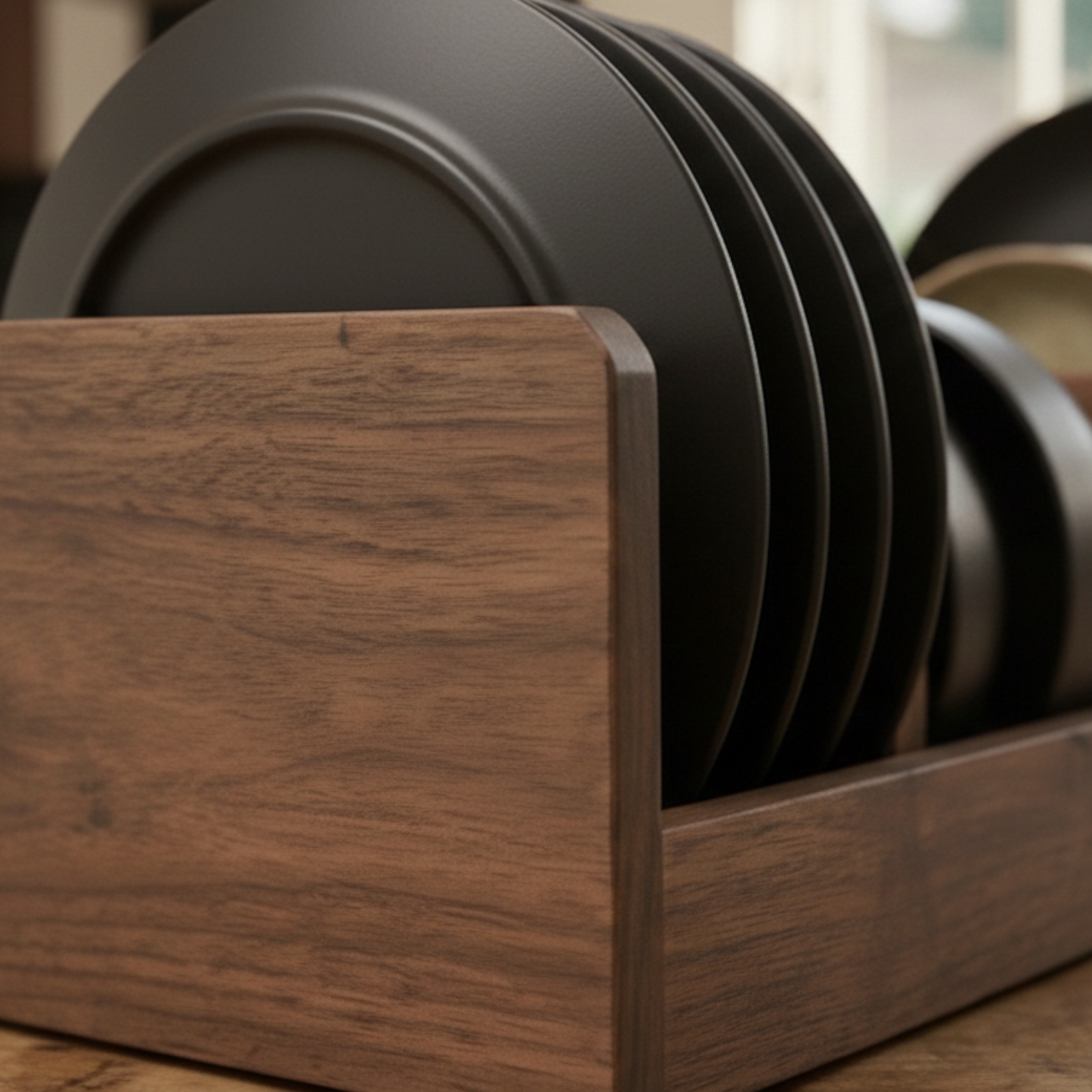 Solid Walnut Plate Organizer — Vertical Countertop Dish Storage Rack