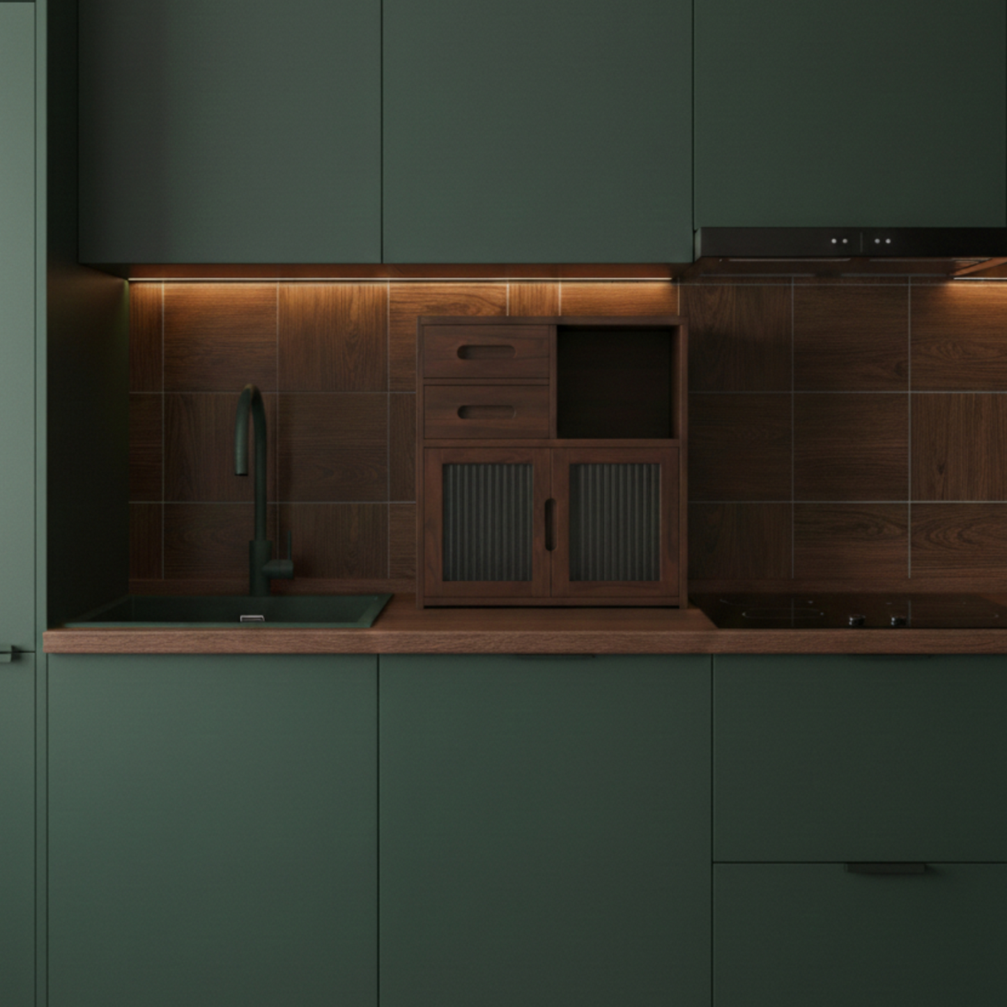 Solid Walnut Kitchen Storage Cabinet with Fluted Glass Inserts