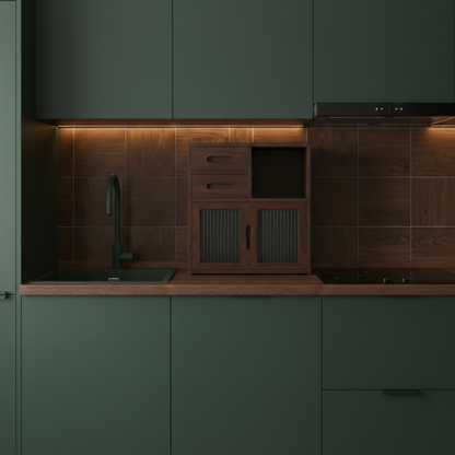 Solid Walnut Kitchen Storage Cabinet with Fluted Glass Inserts