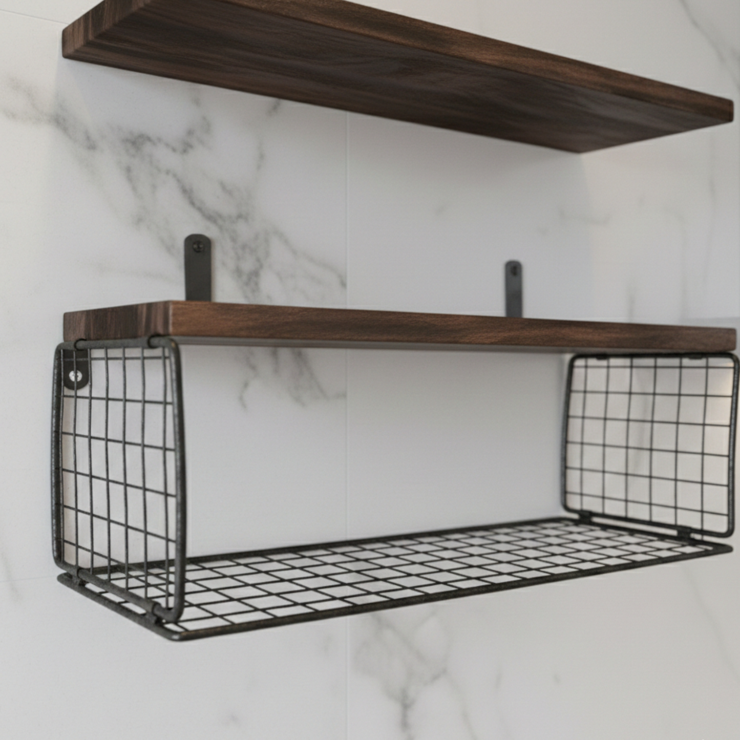 Solid Oak Floating Wall Shelves with Steel Mesh Basket — Set of 3