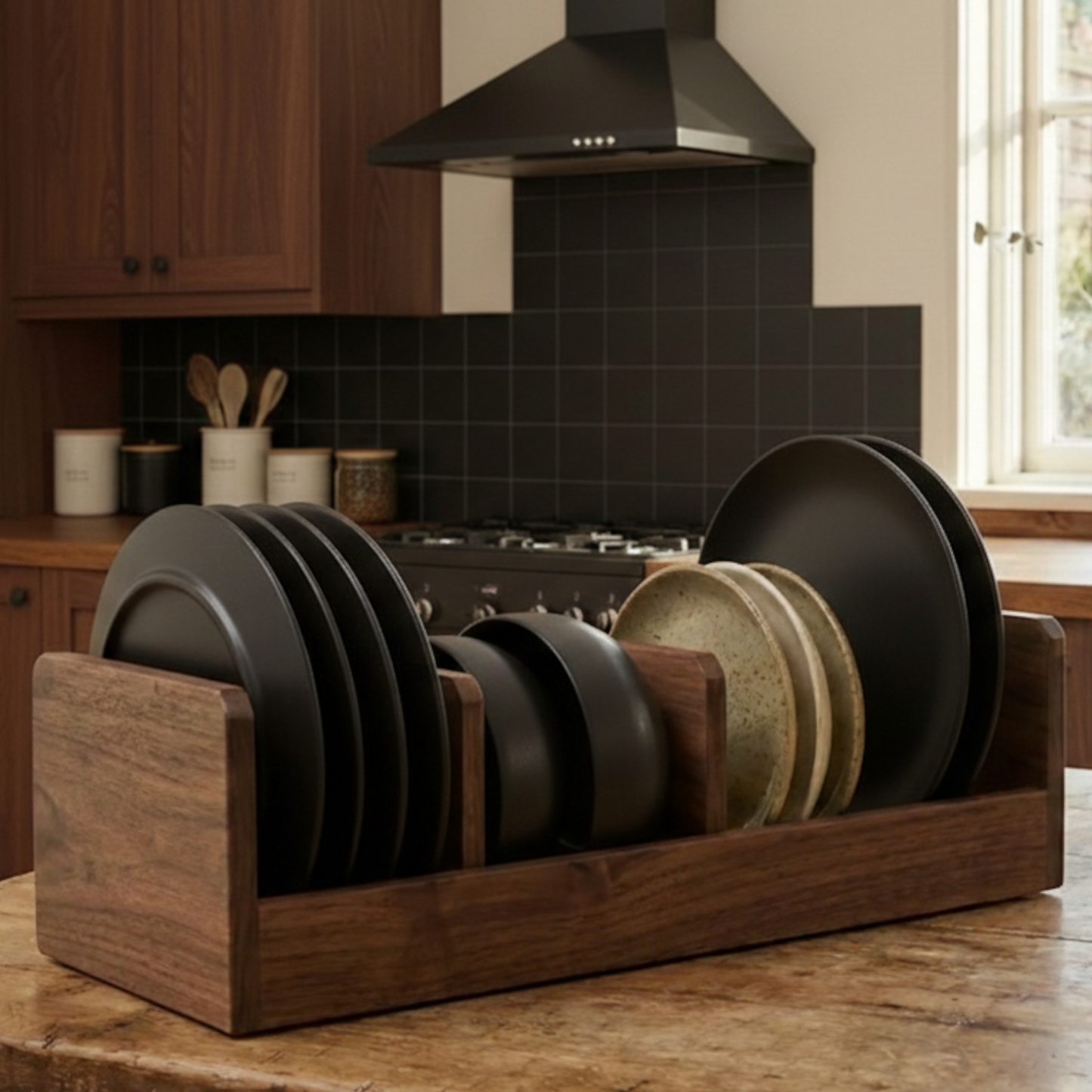 Solid Walnut Plate Organizer — Vertical Countertop Dish Storage Rack