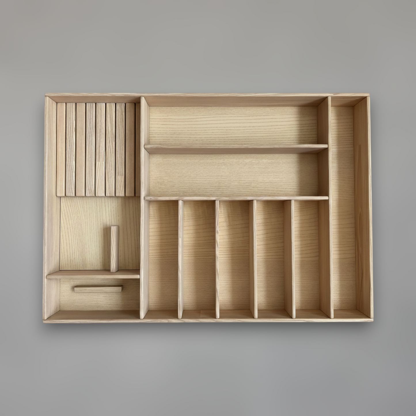 Solid Ash Kitchen Drawer Organizer — In-Drawer Cutlery Tray with Integrated Knife Block