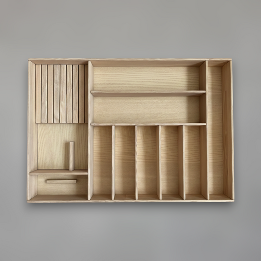 Solid Ash Kitchen Drawer Organizer — In-Drawer Cutlery Tray with Integrated Knife Block