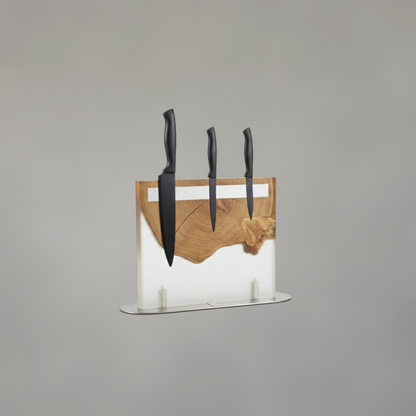Magnetic Solid Wood & Resin Knife Stand — Heavy-Duty Stainless Steel Base Organizer