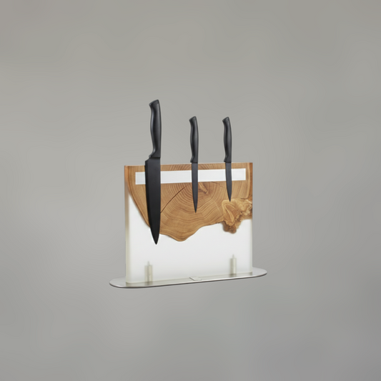 Magnetic Solid Wood & Resin Knife Stand — Heavy-Duty Stainless Steel Base Organizer