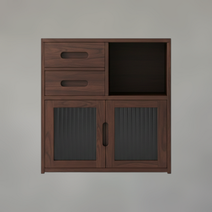 Solid Walnut Kitchen Storage Cabinet with Fluted Glass Inserts