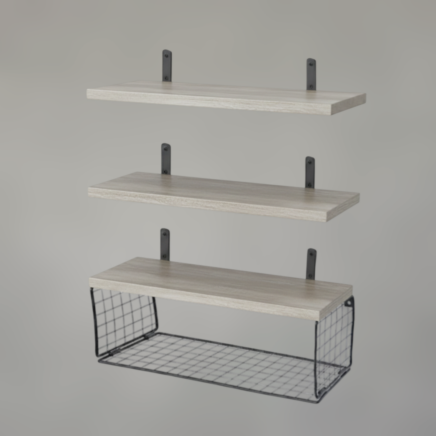 Solid Wood Floating Wall Shelves with Steel Mesh Basket — Set of 3