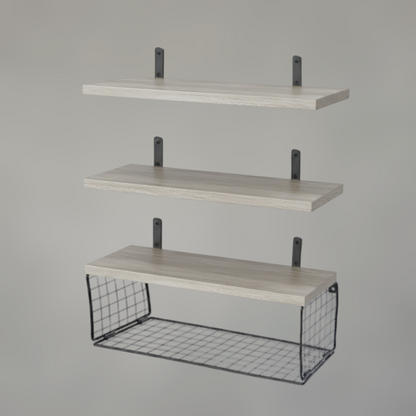 Solid Wood Floating Wall Shelves with Steel Mesh Basket — Set of 3