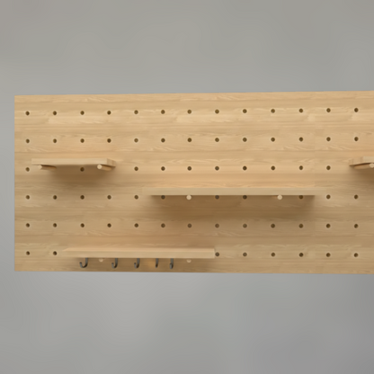 Solid Oak Pegboard Wall Organizer — Modular Perforated Display Panel with Shelves
