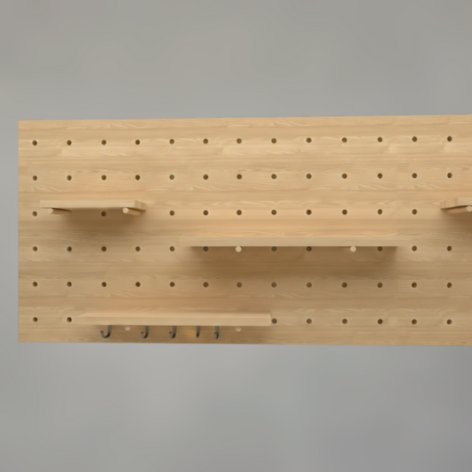 Solid Oak Pegboard Wall Organizer — Modular Perforated Display Panel with Shelves