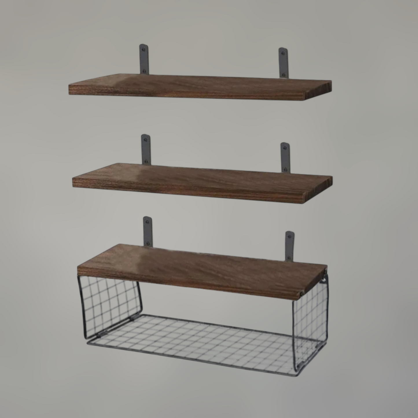 Solid Oak Floating Wall Shelves with Steel Mesh Basket — Set of 3