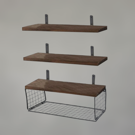 Solid Oak Floating Wall Shelves with Steel Mesh Basket — Set of 3