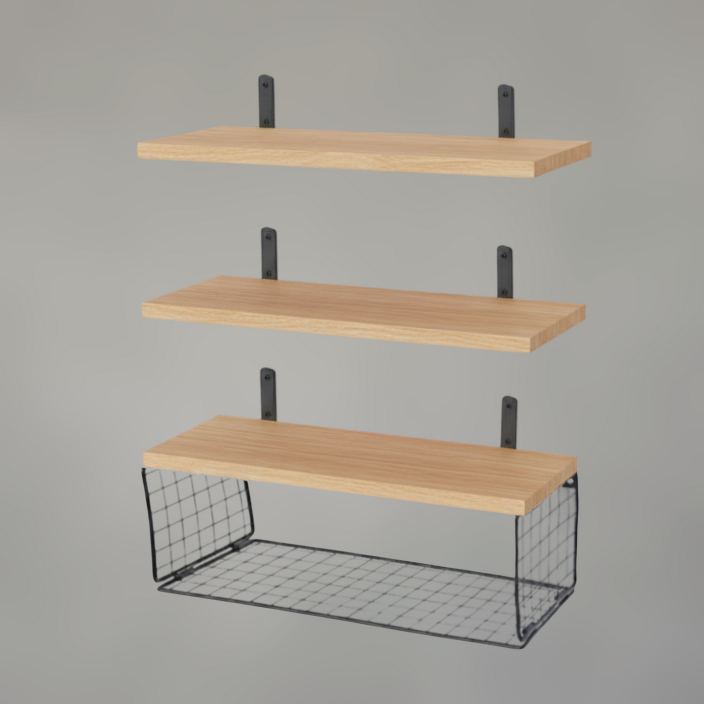 Solid Oak Floating Wall Shelves with Steel Mesh Basket — Set of 3