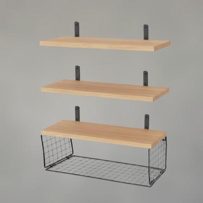 Solid Oak Floating Wall Shelves with Steel Mesh Basket — Set of 3
