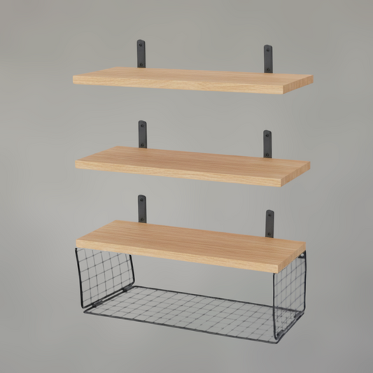 Solid Oak Floating Wall Shelves with Steel Mesh Basket — Set of 3