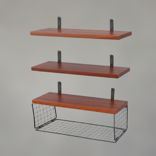 Solid Oak Floating Wall Shelves with Steel Mesh Basket — Set of 3
