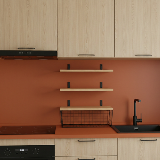 Solid Oak Floating Wall Shelves with Steel Mesh Basket — Set of 3