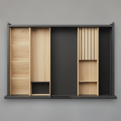 Modular Light Oak Drawer Organization System with Matte Black Aluminum Accents — Full Set