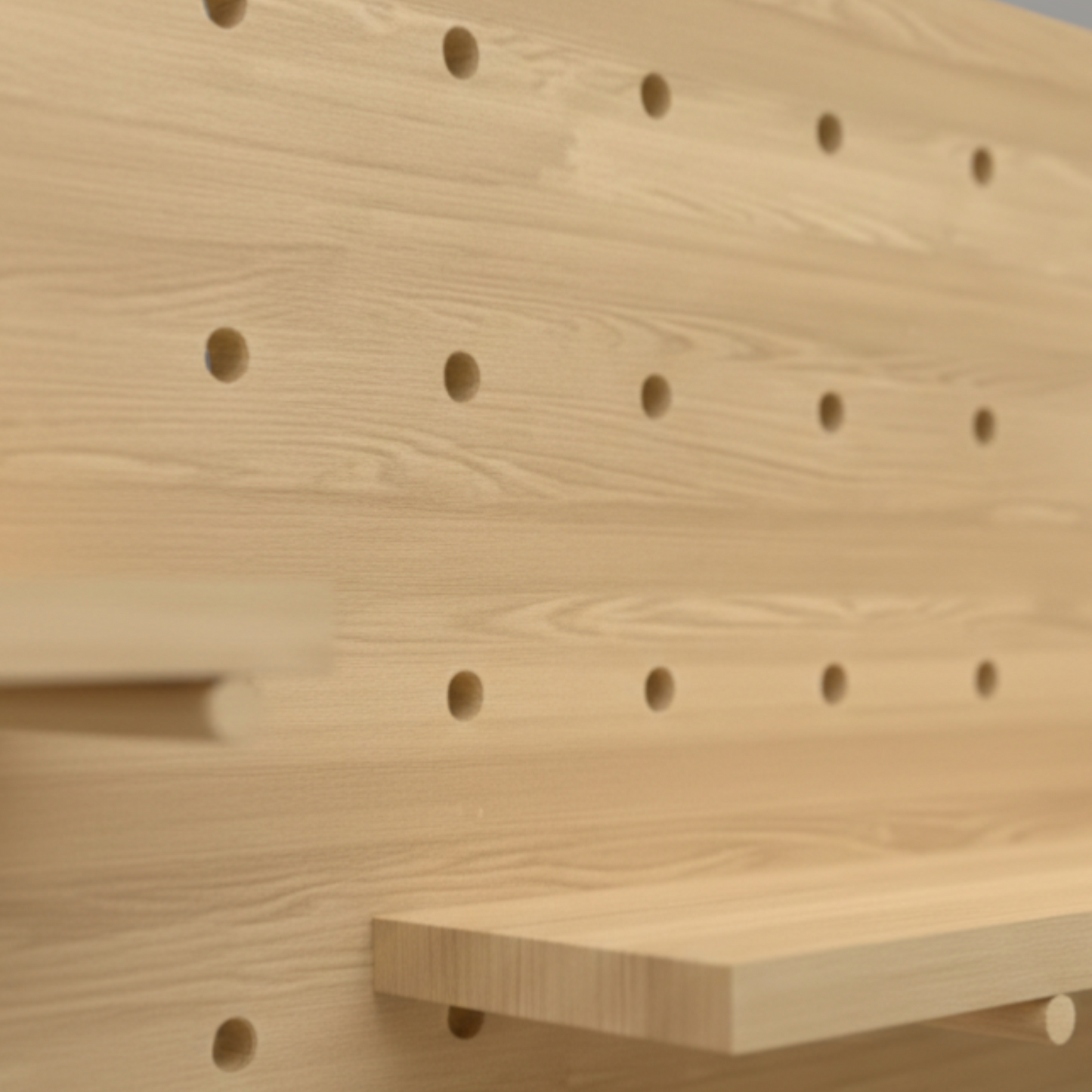 Solid Oak Pegboard Wall Organizer — Modular Perforated Display Panel with Shelves