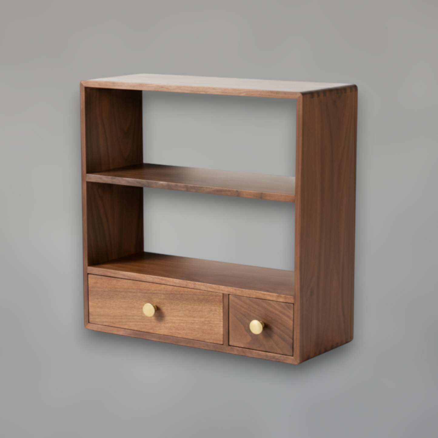 Black Walnut Coffee Station Organizer — 3-Tier Tabletop Rack with Brass Detail Drawers