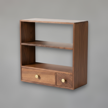 Black Walnut Coffee Station Organizer — 3-Tier Tabletop Rack with Brass Detail Drawers