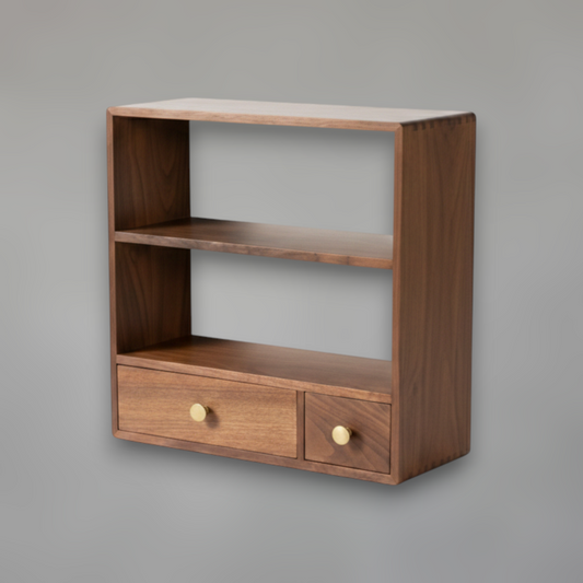 Black Walnut Coffee Station Organizer — 3-Tier Tabletop Rack with Brass Detail Drawers