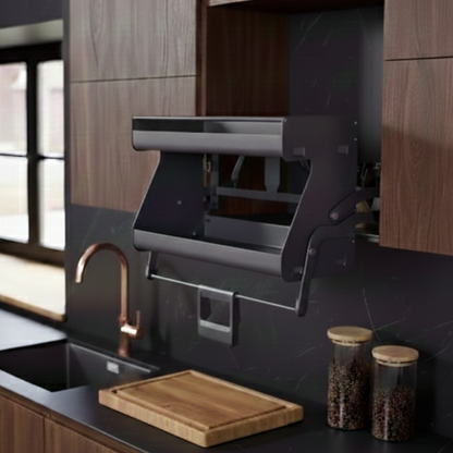 Pull-Down Kitchen Cabinet Organizer — Soft-Close Upper Shelf Lift Mechanism