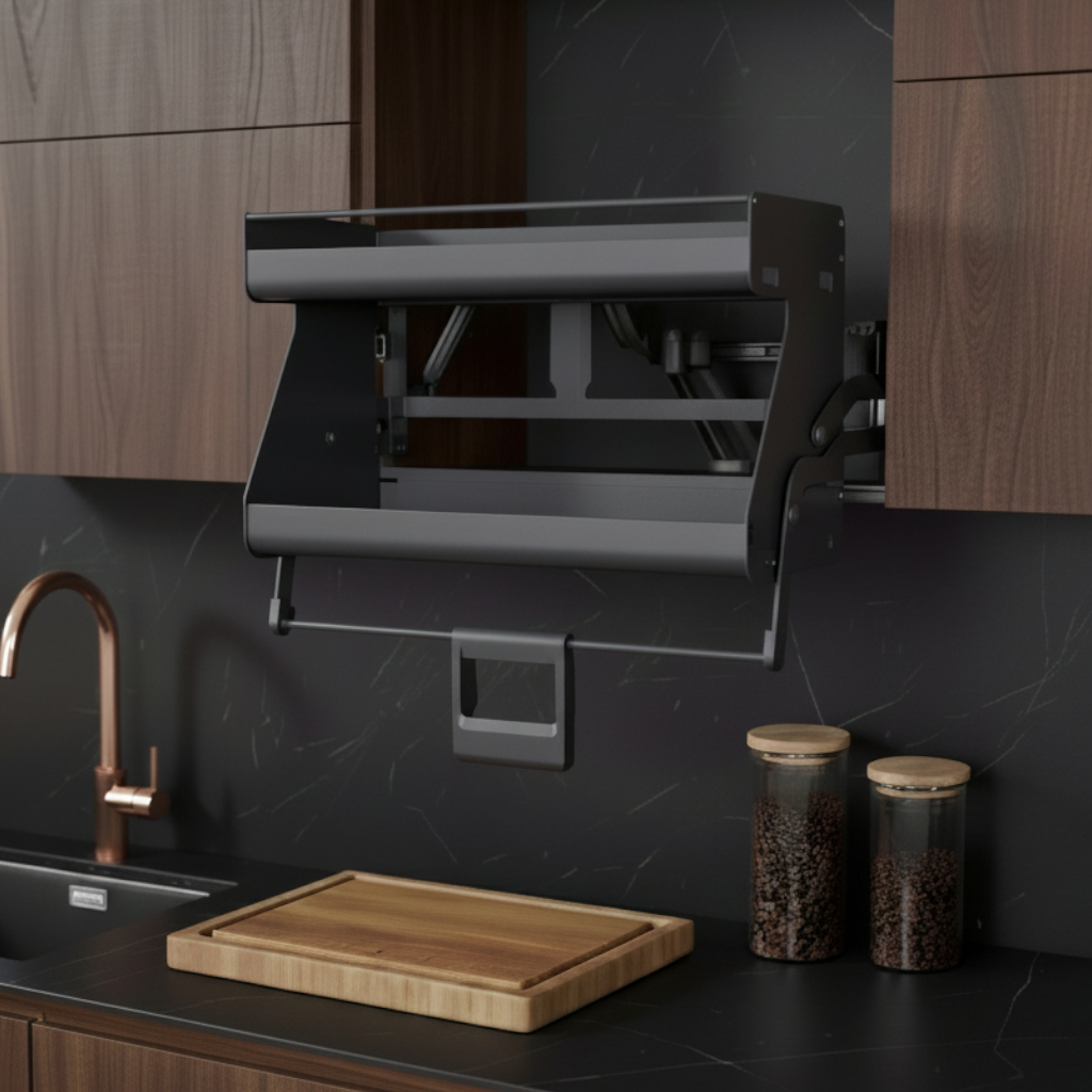Pull-Down Kitchen Cabinet Organizer — Soft-Close Upper Shelf Lift Mechanism