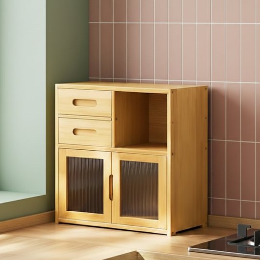 Golden Honey Oak Kitchen Storage Cabinet with Fluted Glass Inserts