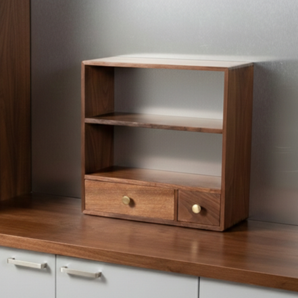 Black Walnut Coffee Station Organizer — 3-Tier Tabletop Rack with Brass Detail Drawers