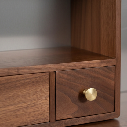 Black Walnut Coffee Station Organizer — 3-Tier Tabletop Rack with Brass Detail Drawers
