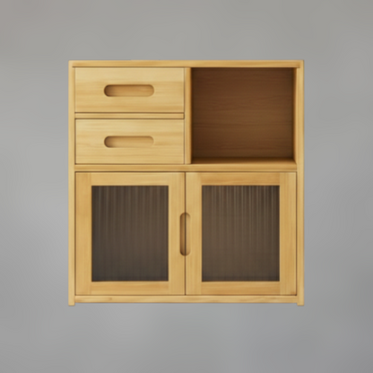Golden Honey Oak Kitchen Storage Cabinet with Fluted Glass Inserts